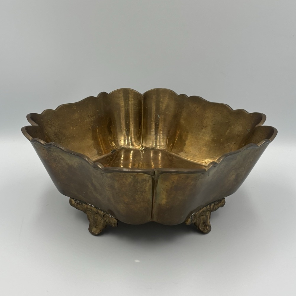 Vintage Art Deco Ornate Footed Solid Yellow Brass Square Ruffled Bowl - Picture 13 of 13